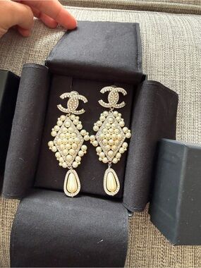 CHANEL Pearl and Crystal Drop Logo Earrings in Ivory and Gold-Tone